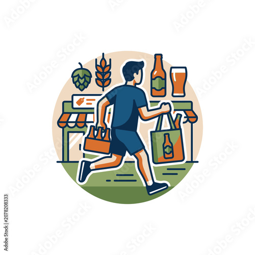 Man running with grocery shopping bag and beer pack.