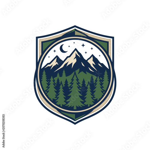Mountain forest shield badge with crescent moon.