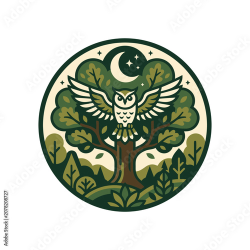 Owl perched on tree under moon at night.