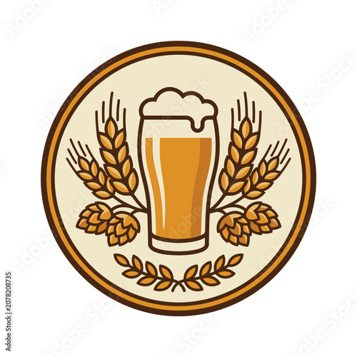 Tall beer glass emblem with hops and barley.