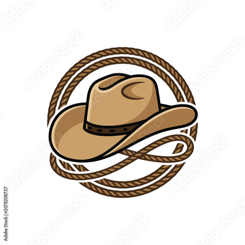 Cowboy hat encircled by rope lasso logo design.