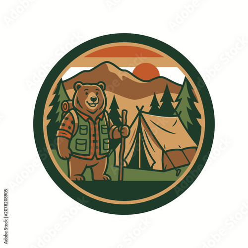 Hiking bear mascot with backpack and mountain landscape.
