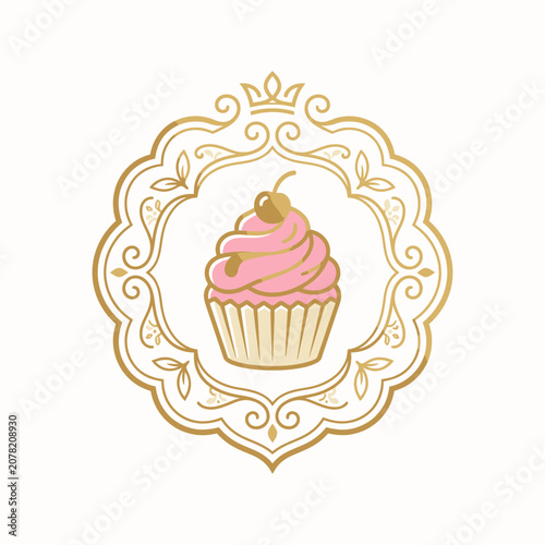 Decorative cupcake badge with floral gold border.