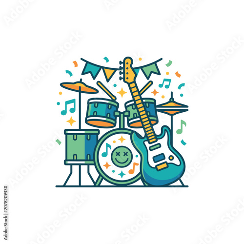 Musical instruments including drums and electric guitar.