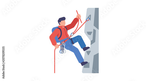 Tableau sur toile Man rock climbing with rope and harness on a white background