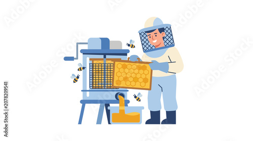 фотографія Beekeeper operating honey extractor with honeycomb and bees, flat design illustr