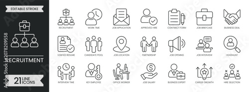 Recruitment outline icon set. Containing human resources, business, hr hiring, career growth, interview, resume, office job, deal, employment and more. Editable stroke icons pack. Vector illustration