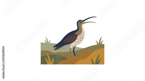 Cuadro en lienzo Curlew Bird Standing in Grassy Terrain, Stylized Illustration