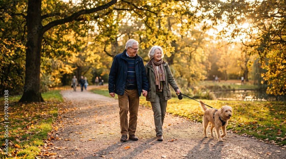 Fototapeta premium Elderly couple holding hands walking their dog in a park during autumn with golden sunlight
