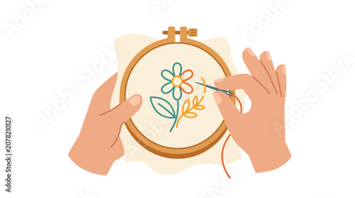 Obraz na plátně Hands embroidering a flower on fabric hoop, creative hobby, DIY craft, needlewor