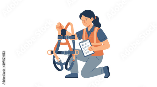 Worker Inspecting Safety Harness with Checklist, Industrial Safety Concept