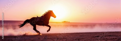 Dark silhouette of horse runs across arid landscape. Dust swirls behind animal against vibrant sunset glow. Powerful motion conveys freedom strength wildness in desert expanse. Dramatic scene evokes