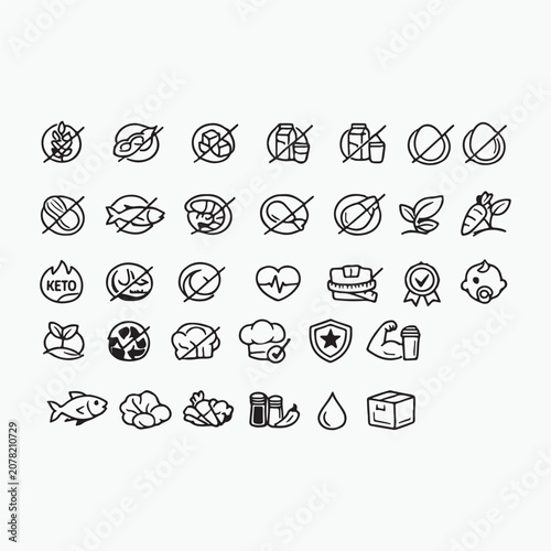 Healthy Food Label Icons Set – Gluten Free, Dairy Free, Lactose Free, Soy Free, Sugar Free, Egg Free, Nut Free, Vegan, Vegetarian, Keto, Organic, Eco Friendly and Nutrition Line Vector Collection