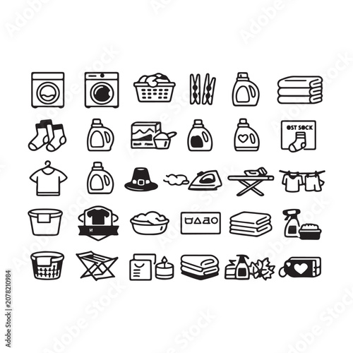 Laundry and Washing Line Icons Set – Washing Machine, Detergent, Fabric Softener, Iron, Clothes Drying, Laundry Basket, Clothing Care, Dry Cleaning and Housekeeping Vector Collection