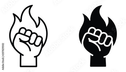 Photos Empowerment and strength icon featuring raised fist and flame symbol for power d