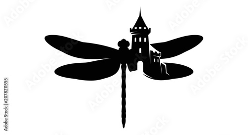 Elegant dragonfly silhouette with integrated castle tower.
