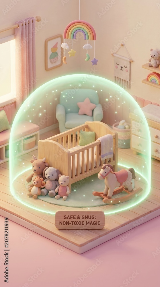 Naklejka premium Stylized 3D nursery room with crib and toys inside glowing protective dome. Concept for safe and healthy environment for infants. Perfect for baby care branding and healthy home advertising.