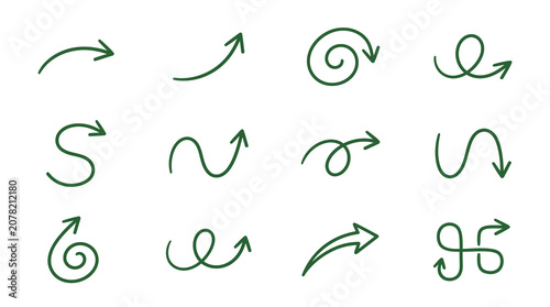 Dark green hand-drawn swirl and arrow illustration pack.