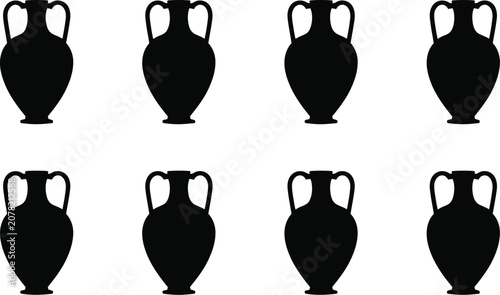 Tableau sur toile Ancient amphora, and vase silhouette set, Greek ceramic pots, traditional pottery shapes, black vessel symbols, classical antiquity, museum, isolated on white