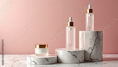 Spa essentials with towel and lotion bottle on beige background with copy space