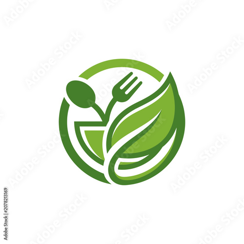 Green leaf bowl logo with spoon and fork.