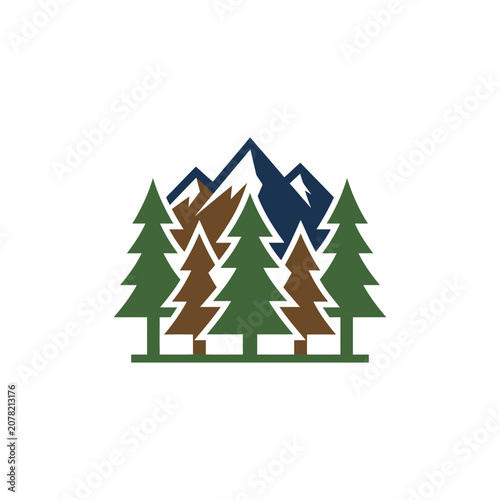 Minimalist evergreen forest with snowy mountain peaks.