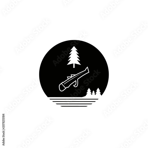 Circular hunting icon with rifle and forest silhouette.