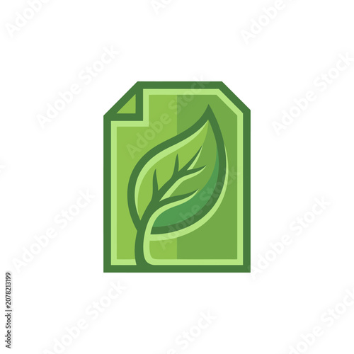 Green leaf icon on paper file document.