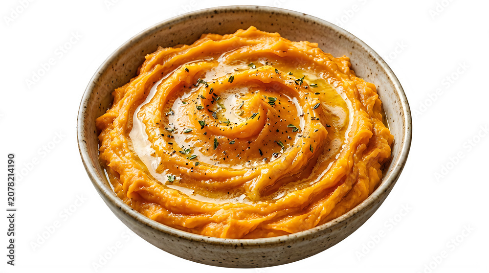 Fototapeta premium A bowl of mashed sweet potatoes with herbs on top transparent background