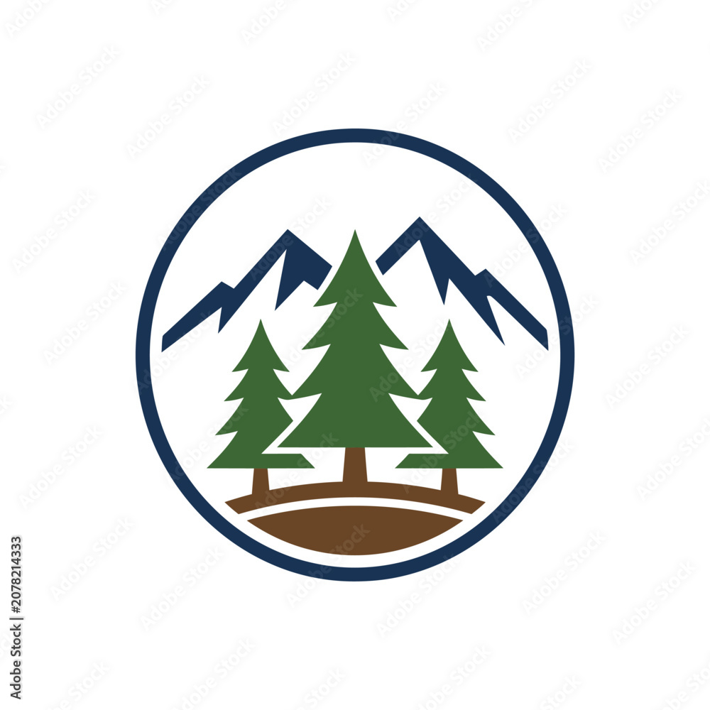 Fototapeta premium Mountain range and pine trees circular logo badge.