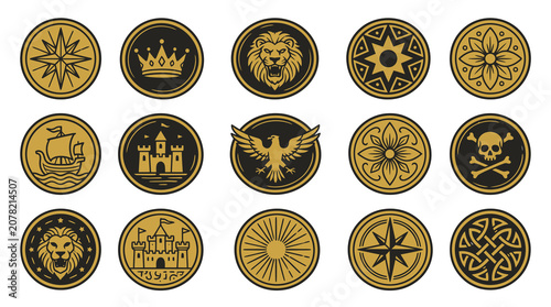 Konstfotografi Gold medieval coin icons with fantasy symbols.