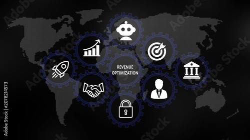 Revenue optimization for Business and Finance Concept. Rotating gear mechanism process settings icon animation. Technology, Internet and network concept on world background. 4k video