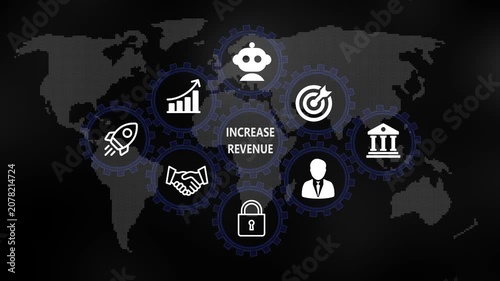 Increase Revenue for Business and Finance Concept. Rotating gear mechanism process settings icon animation. Technology, Internet and network concept on world background. 4k video