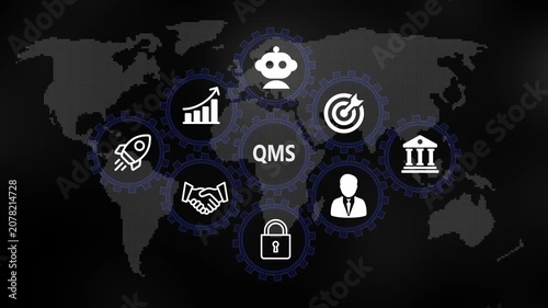 QMS for Business and Finance Concept. Rotating gear mechanism process settings icon animation. Technology, Internet and network concept on world background. 4k video