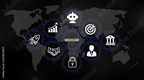 Medicare for Business and Finance Concept. Rotating gear mechanism process settings icon animation. Technology, Internet and network concept on world background. 4k video