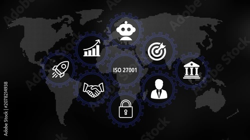 ISO 27001 for Business and Finance Concept. Rotating gear mechanism process settings icon animation. Technology, Internet and network concept on world background. 4k video