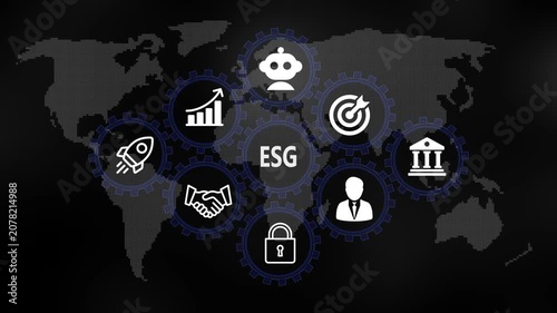ESG for Business and Finance Concept. Rotating gear mechanism process settings icon animation. Technology, Internet and network concept on world background. 4k video
