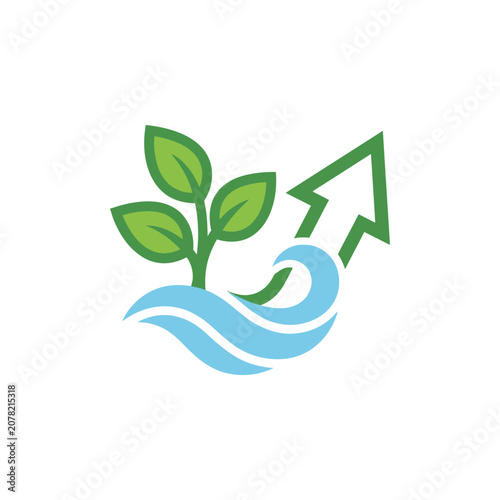 Green plant growing with arrow over blue water waves