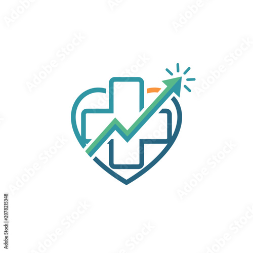 Medical cross heart with green rising arrow.