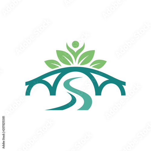 Green bridge silhouette with path and leaf figure.