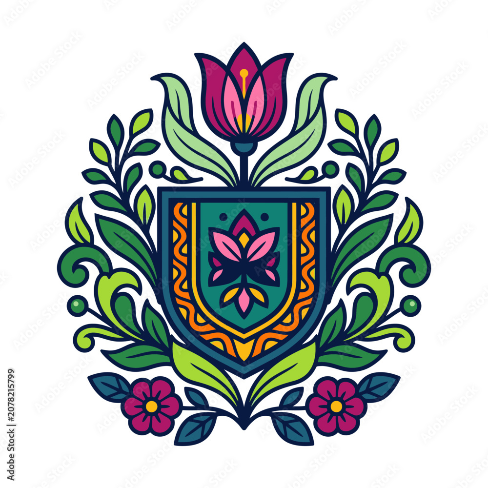 Fototapeta premium Colorful floral shield emblem with botanical elements.