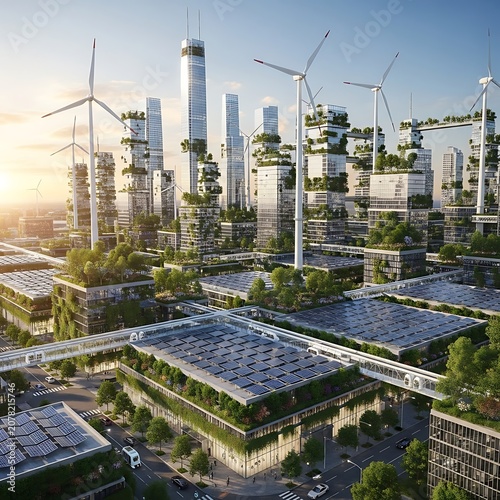 Futuristic Eco-Friendly Cityscape with Wind Turbines and Solar Panels.