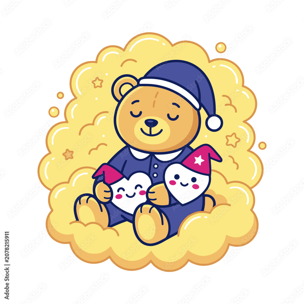 Naklejka premium Cute bear on cloud holding heart tooth pillows.