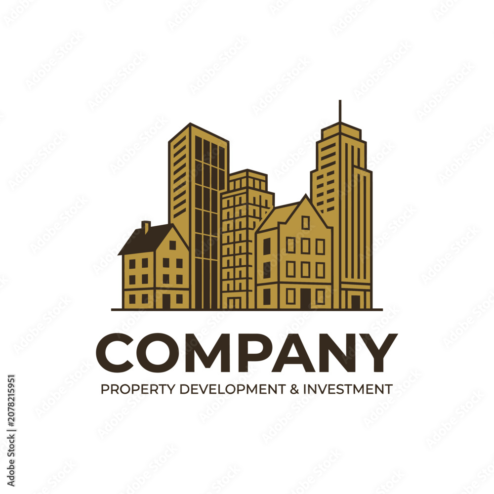 Obraz premium Cityscape buildings line art logo for real estate