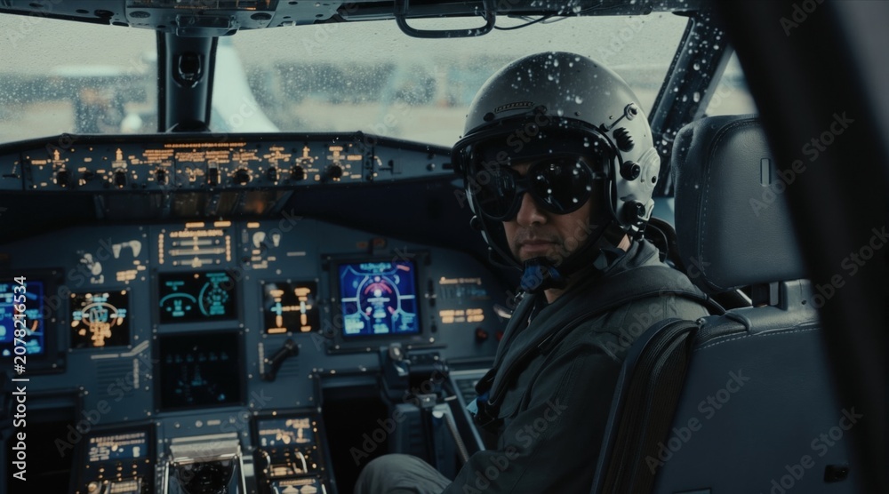 Obraz premium Focused pilot sits inside jet cockpit. Rain streaks windshield obscuring outside view. Man wears helmet goggles, monitors glow behind. Professional prepares aircraft for flight amid adverse weather.