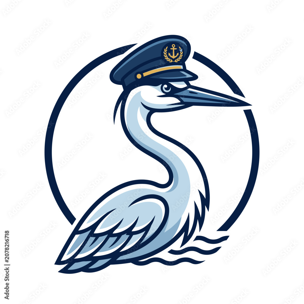 Fototapeta premium Nautical crane mascot bird over ocean water waves.