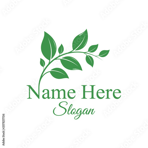 Vertical green leaf branch logo for natural products.