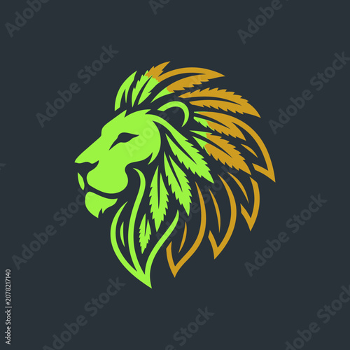 Lion head logo with cannabis leaf mane illustration.