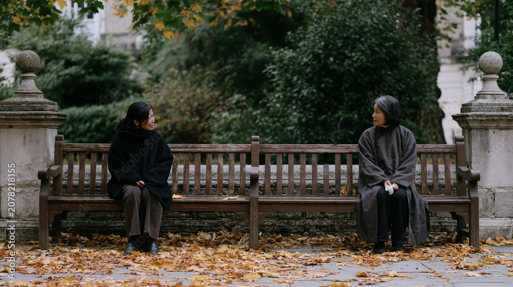 Fototapeta premium Vietnamese two women sit on opposite ends of the same park bench, one quietly crying, one handing over a tissue without words, strangers sharing a moment of unexpected kindness,
