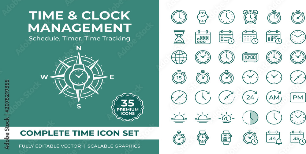 Fototapeta premium Time icon set. Editable line icons. Vector illustration.